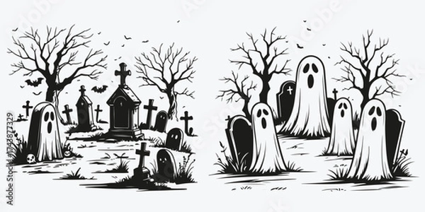 Fototapeta graveyard with ghosts sketch illustration vector set
