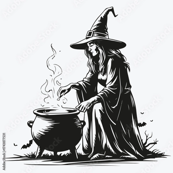 Fototapeta witch and a cauldron sketch illustration vector