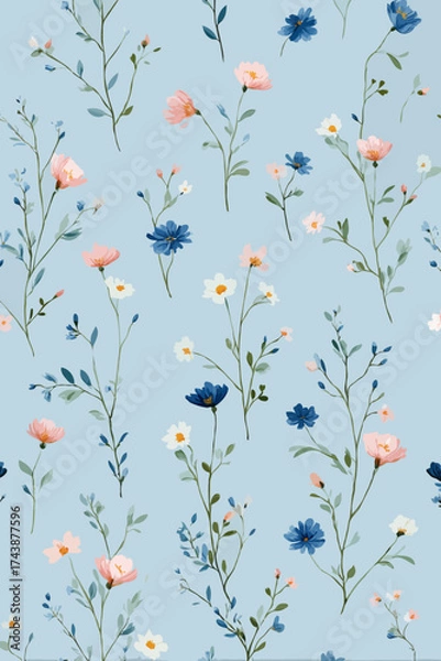 Fototapeta Floral pattern with delicate flowers on a light blue background