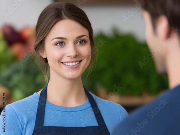 Fototapeta Smiling young woman with long brown hair wearing an apron is engaging with a customer in a vibrant market filled with fresh produce, showcasing a friendly atmosphere