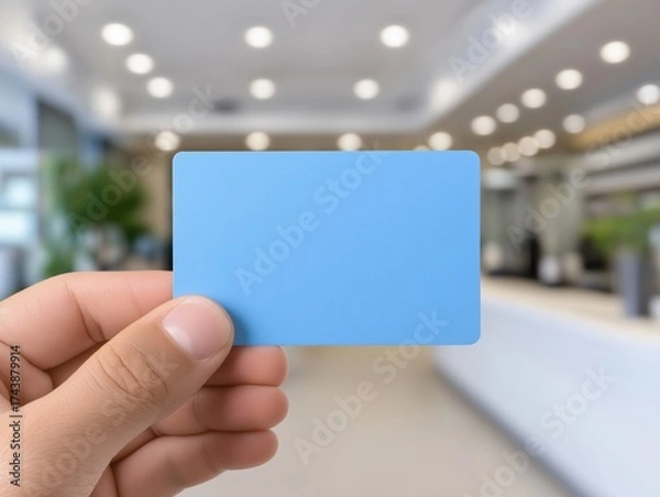 Fototapeta Hand holding a blank blue card in a modern office environment with blurred background, showcasing a professional setting suitable for business or personal use