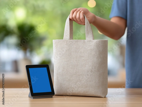 Fototapeta Person holding a beige tote bag with two handles, positioned beside a digital tablet on a wooden table, showcasing modern lifestyle and shopping convenience