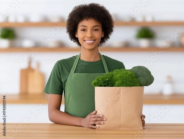Fototapeta African American woman wearing green apron is smiling while holding a paper bag filled with fresh green vegetables in a bright kitchen setting, showcasing healthy lifestyle choices