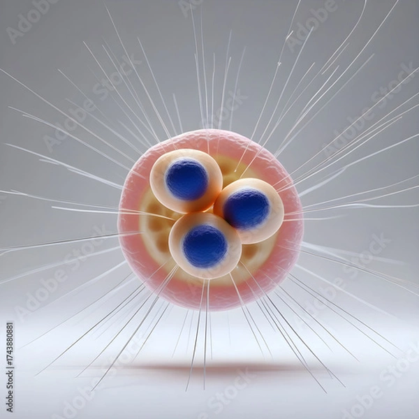 Fototapeta A 3D render of a eukaryotic cell in metaphase: chromosomes aligned centrally, spindle fibers extended, isolated on white background.