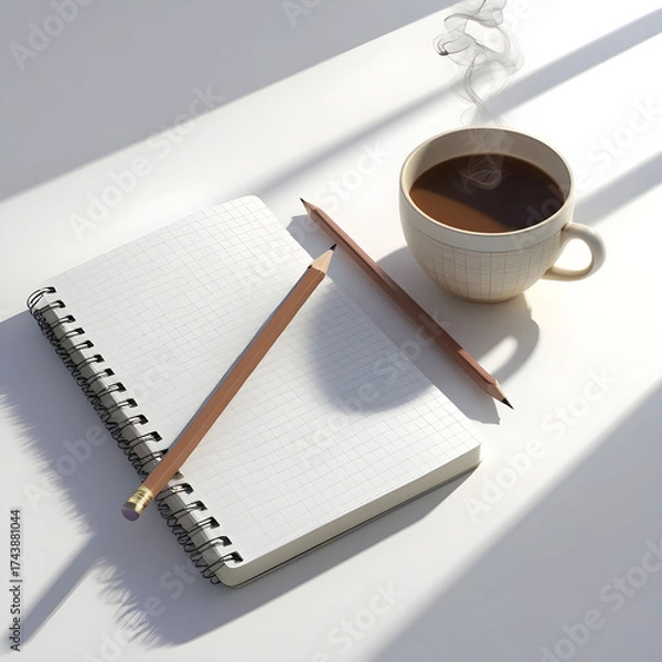 Obraz A blank spiral notebook journal with a sharp pencil and steaming coffee cup beside it, minimalistic layout, on white background.
