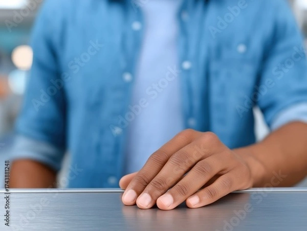 Fototapeta African American man in denim shirt places hand on metallic surface, showcasing focus and engagement in a professional environment with a blurred background