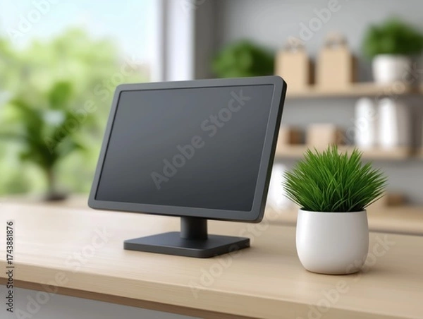 Fototapeta Modern computer monitor with blank screen placed on wooden desk beside a potted plant, creating a serene workspace atmosphere with natural light