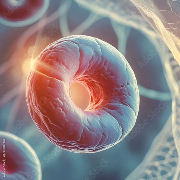 Fototapeta A close-up microscopic view of a single human blood cell.