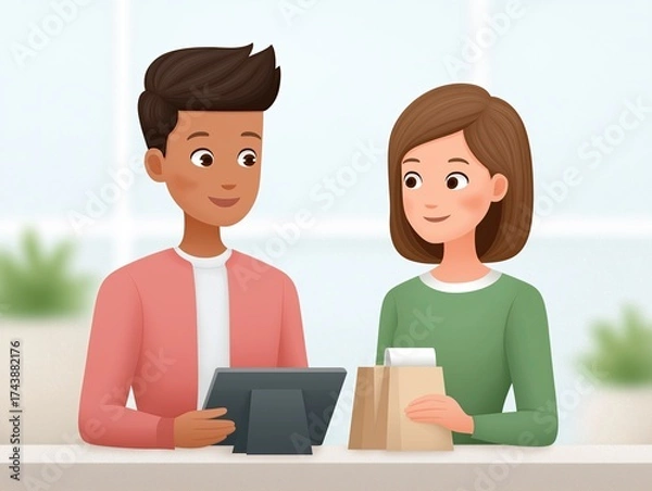 Fototapeta Two young adults engaged in a friendly conversation while using a tablet, with a takeaway bag on the table, showcasing a modern cafe atmosphere and social interaction