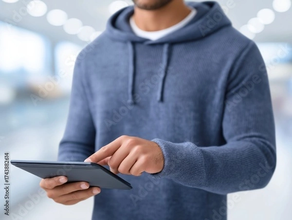 Fototapeta African American man wearing a blue hoodie is using a tablet device in a bright, modern environment, showcasing technology engagement and digital interaction