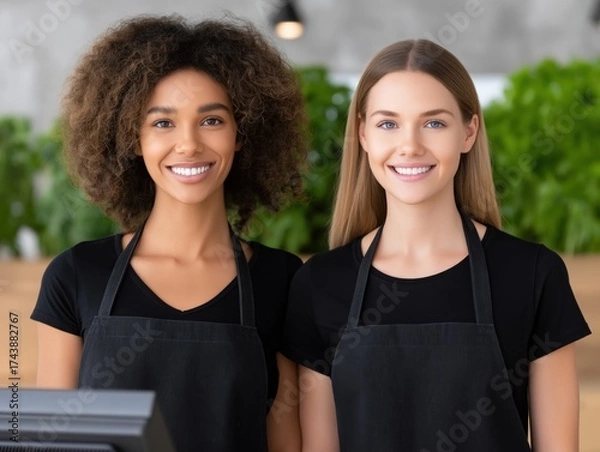 Fototapeta African American woman and Caucasian woman, both wearing black aprons, are smiling at the camera in a modern cafe, showcasing teamwork and customer service in a vibrant atmosphere