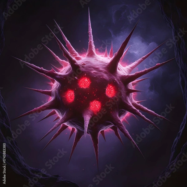Fototapeta A dangerous pathogenic bacteria with menacing sharp spikes, a glowing red core.