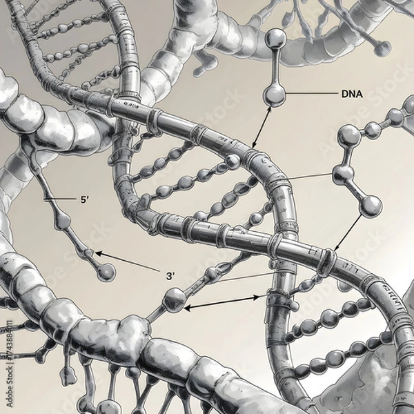 Fototapeta A detailed cross-section of DNA structure showing base pairs (A-T, C-G).