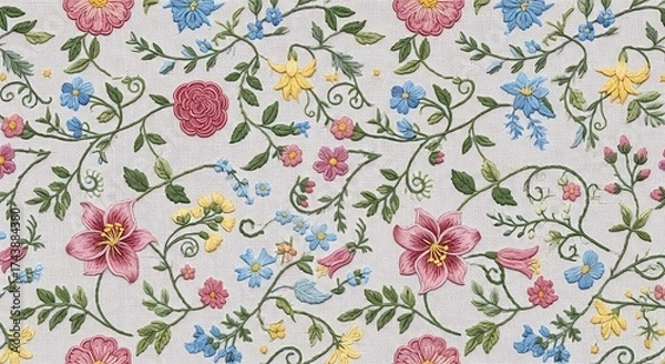 Fototapeta Floral tapestry design showcasing colorful bloom and foliage on fabric