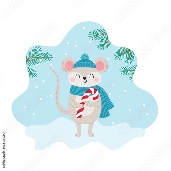 Fototapeta Cute mouse in a cap with a Christmas candy cane. Forest animal character in winter. Vector illustration for children