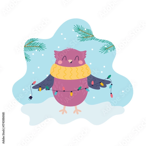 Fototapeta Happy owl in a yellow scarf holds a garland with colorful Christmas lights. Forest bird character in winter. Vector illustration for children