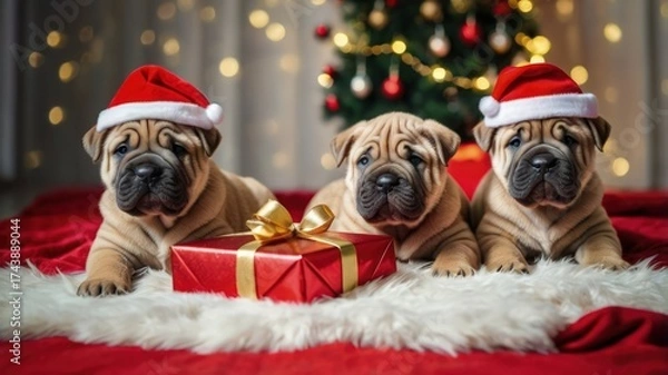 Fototapeta Three adorable puppies wearing Santa hats are sitting together beside a beautifully wrapped gift, creating a festive and heartwarming holiday scene