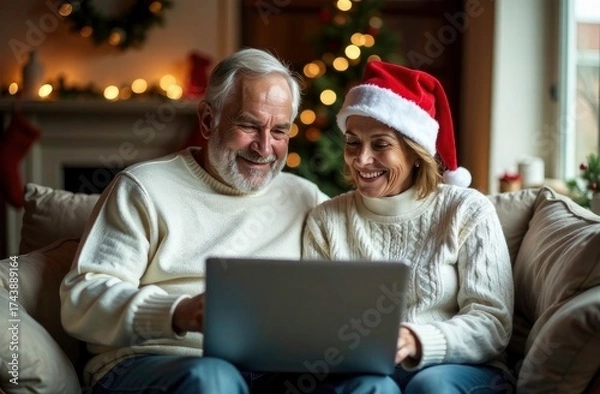 Fototapeta Elderly couple enjoying quality time together while using a laptop, surrounded by festive decorations, creating a warm holiday atmosphere