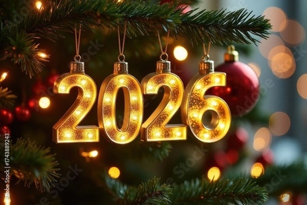 Fototapeta Decorative golden numbers 2026 hanging on a Christmas tree with vibrant ornaments and soft glowing lights, symbolizing the festive holiday season and new beginnings