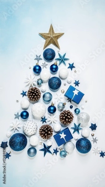 Fototapeta Festive arrangement of blue and white Christmas decorations, including ornaments, stars, and gifts, creatively shaped into a Christmas tree design for holiday celebrations