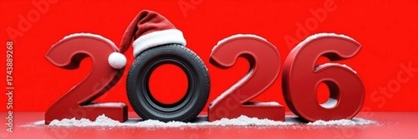 Fototapeta Festive 2026 display featuring large red numbers, a black tire adorned with a Santa hat, and snow accents against a vibrant red background
