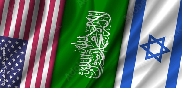 Obraz Vector wavy national flags, United States of America, Hamas and Promised land. Peace negotiations. Political wide banner. American of peace plan. Star of David. Islamic Resistance Movement