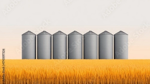 Fototapeta Seven Grain Silos in a Golden Wheat Field