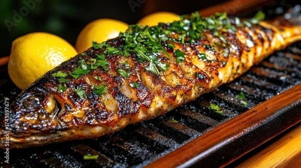 Obraz Grilled Fish with Lemon and Herbs