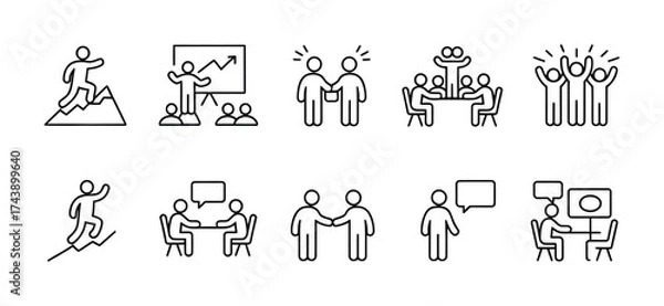Fototapeta Business teamwork and leadership line icon collection for success and communication