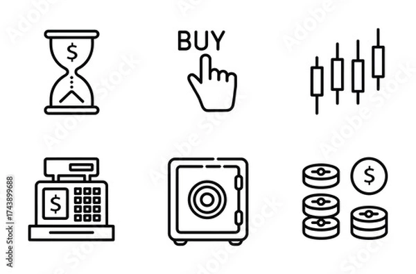 Fototapeta Business and finance minimal line icon collection with cash safe and chart