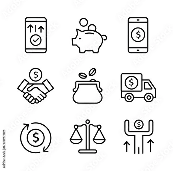 Fototapeta Mobile banking and finance line icon collection with piggy bank and balance scale