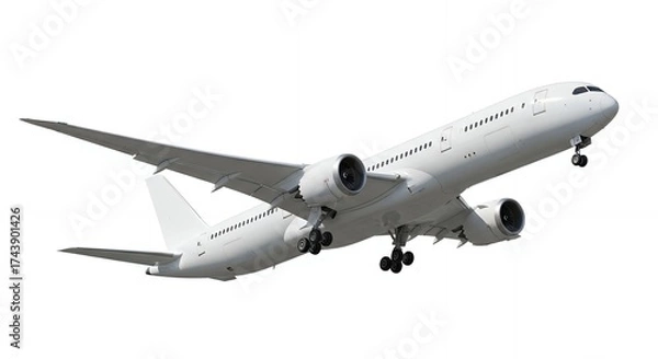 Obraz White passenger airplane taking off against a clear sky in upward angle, concept for international transportation, travel industry promotion and modern aviation