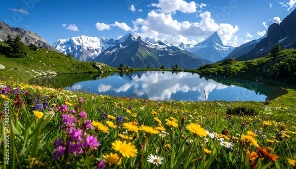 Fototapeta Beautiful Alpine Lake with Wildflowers and Snow-Capped Mountains.