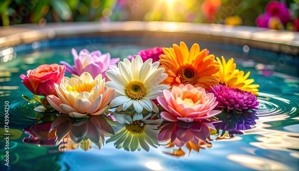 Fototapeta Beautiful Assortment of Flowers Floating on Water with Sunlight.