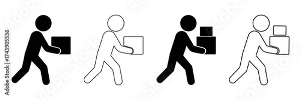 Obraz Stickman carrying box icon, minimal line style pictogram of person holding package, delivery and office work concept, black and white outline vector illustration
