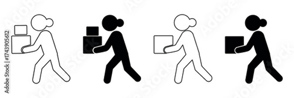 Obraz Outline stickman carrying parcel vector icon, minimal line art delivery worker symbol, simple human pictogram showing courier action in motion, black and white illustration