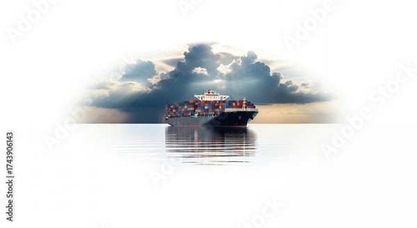 Obraz Loaded cargo ship sailing on the ocean under a dramatic sky with sunbeams reflecting on the water. Concept for global trade, international shipping and maritime transport