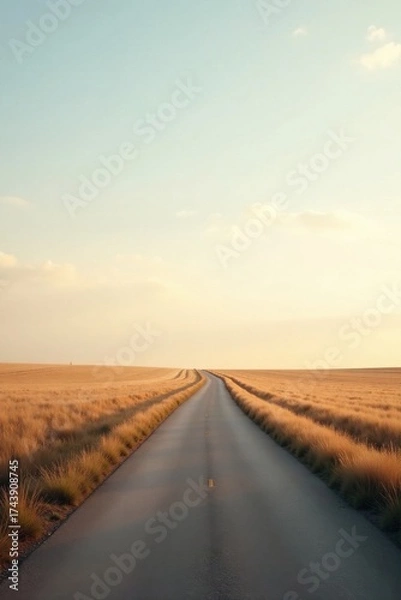 Obraz Asphalt road vanishing into a serene golden field under a soft sunset sky