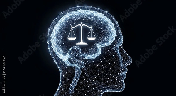 Obraz Justice scales balanced within a glowing abstract human brain symbolizing legal thought and ethics