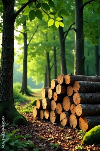 Fototapeta Sunlit Forest Path with Stacked Logs and Lush Green Foliage