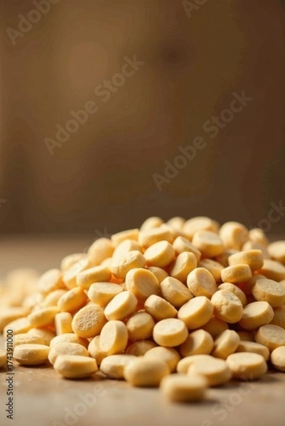 Fototapeta A Close-Up View of a Large Pile of Small, Round, Pale Yellow Baked Goods on a Wooden Surface