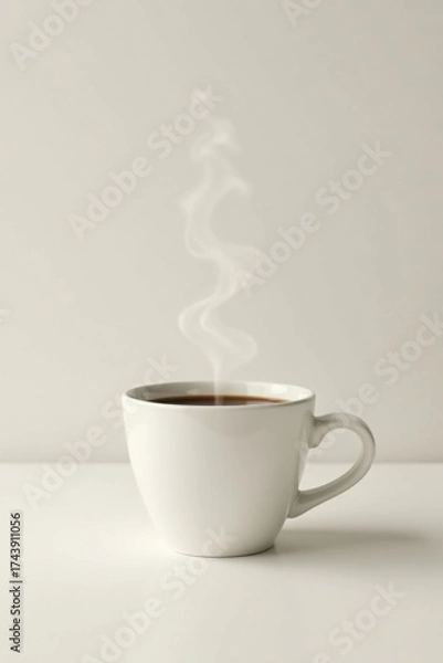 Fototapeta Aromatic steam rises from a freshly brewed cup of coffee, a comforting beverage on a minimalist tabletop