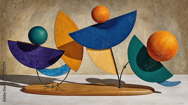 Fototapeta An abstract still life, with geometric shapes and spheres in vibrant colors.