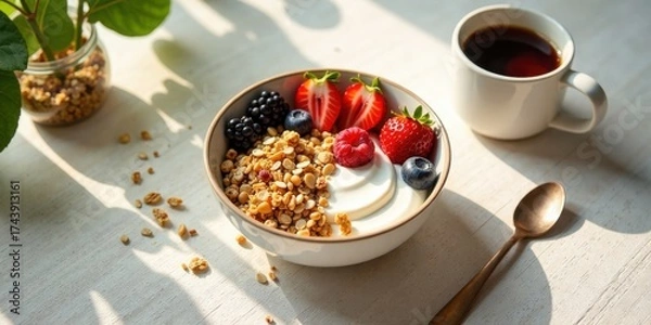 Fototapeta A sunlit breakfast bowl filled with creamy yogurt, crunchy granola, and vibrant berries, accompanied by a steaming cup of coffee and a bronze spoon on a white table