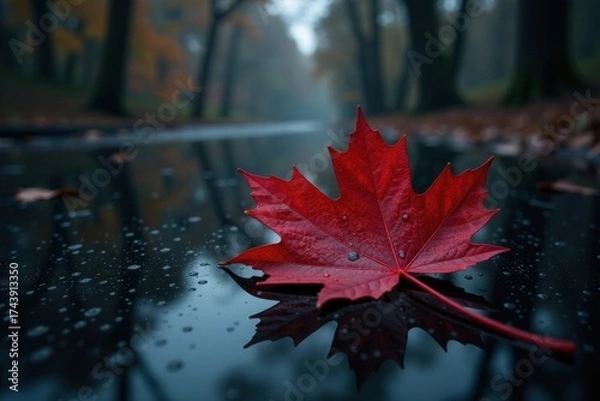 Fototapeta A vibrant crimson autumn leaf floats serenely on a dark, reflective puddle, mirroring its beauty in the still water, amidst a backdrop of hazy trees, hinting at the season's quiet transition.
