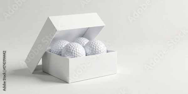 Fototapeta A pristine white box, its lid ajar, reveals a quartet of smooth, dimpled spheres nestled within, a minimalist arrangement of objects against a stark white background.