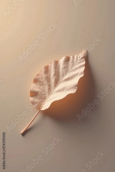 Fototapeta A single, dried leaf rests gently on a muted beige surface, showcasing its delicate veins and subtle texture in soft, natural light.