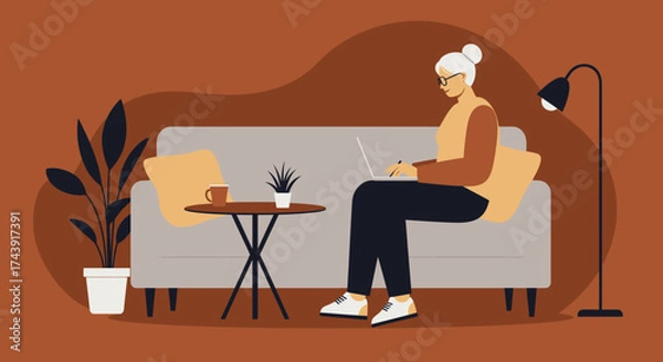 Fototapeta Senior woman using laptop at home working or learning remotely on a cozy sofa