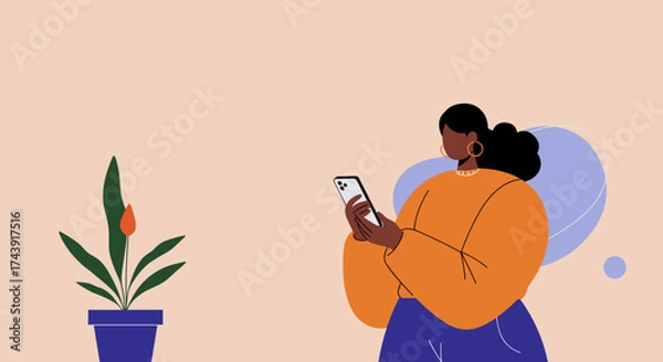 Fototapeta Modern woman using smartphone representing digital communication and connected lifestyle