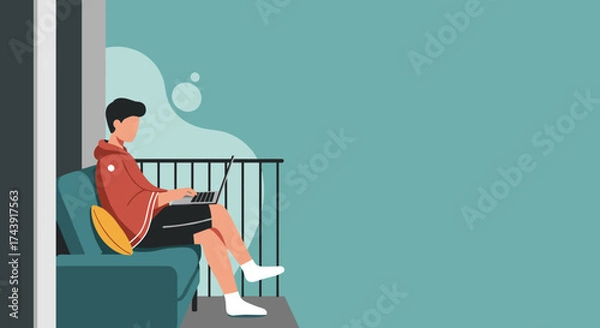 Fototapeta Man working on laptop from home balcony showcasing flexible work and modern lifestyle